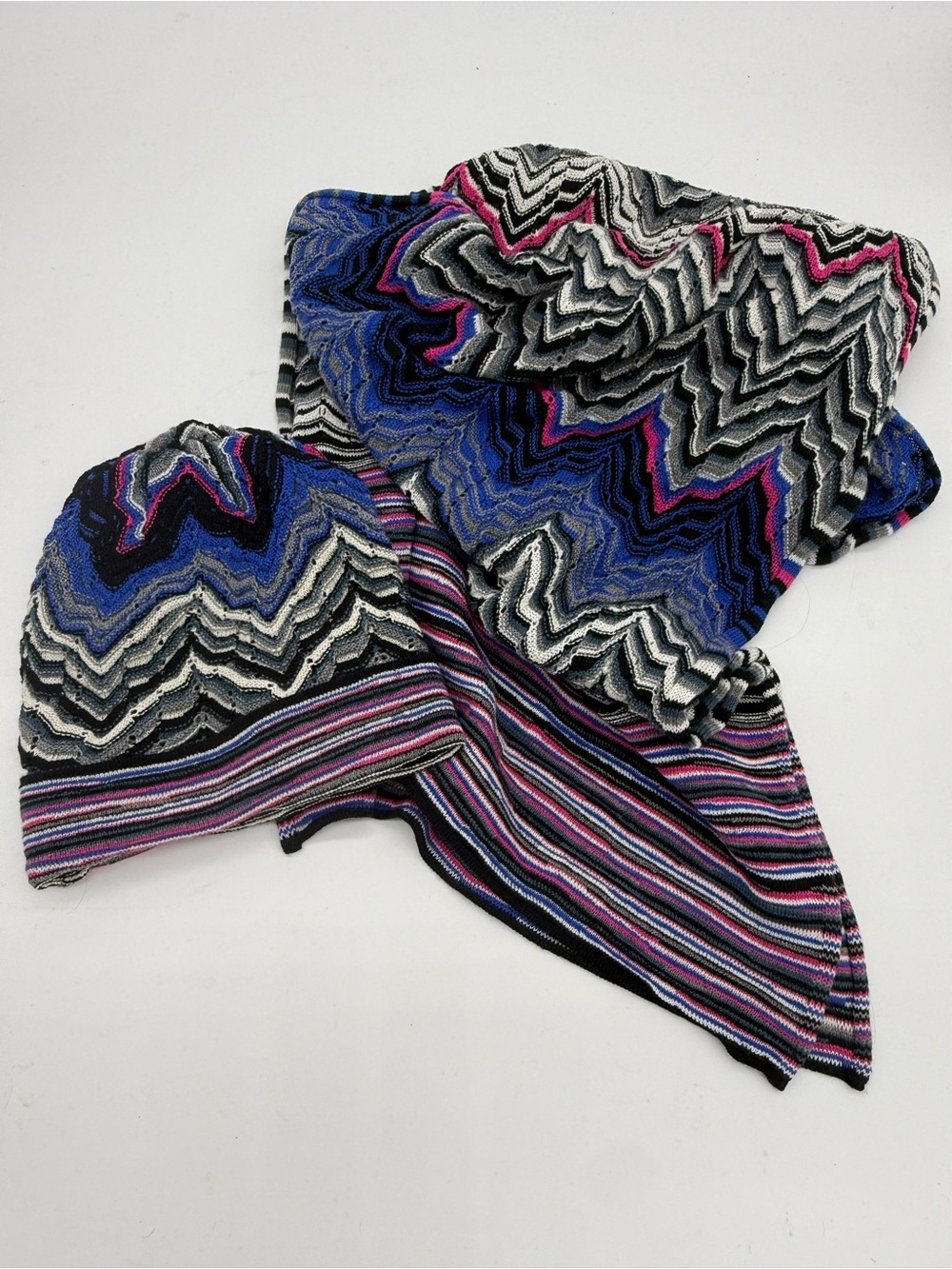 Missoni Chevron Knit Beanie and Scarf Set - Blue, Pink, Black